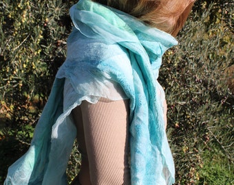 Silk scarf, felt scarf, Nuno blue felt shawl, large felt wrap.