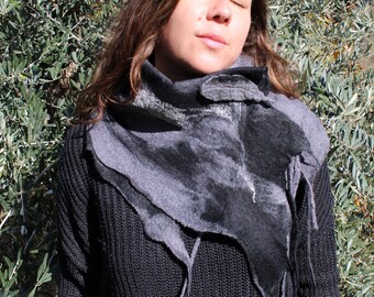 Scarf with brooch, large wool and silk double -sided scarf. Black and grey shawl. Hippie ecofriendly shawl. One of a kind reversible scarf.