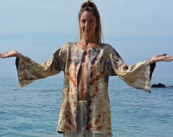 Gevilte kimono van merinowol, boho-jas met ecoprint