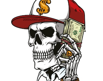 Colorful skull in baseball cap, PNG FİLE,isolated dollar,skull holding bills, holding money,digital download, skull in hat, skull with ring,