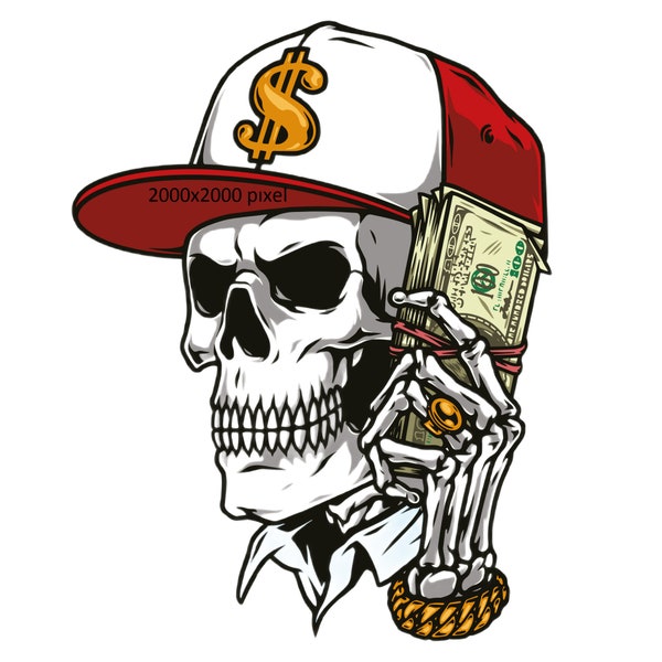 Colorful skull in baseball cap, PNG FİLE,isolated dollar,skull holding bills, holding money,digital download, skull in hat, skull with ring,