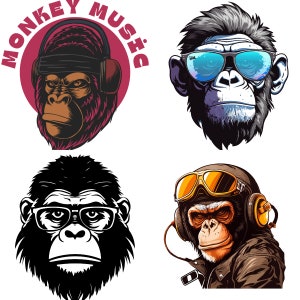 Puede incluir: Cuatro ilustraciones de monos con diferentes accesorios. El primer mono lleva auriculares y una bandana, el segundo lleva gafas de sol, el tercero lleva gafas y el cuarto lleva gafas protectoras y auriculares. El primer mono está delante de un círculo rojo con el texto "Monkey Music".