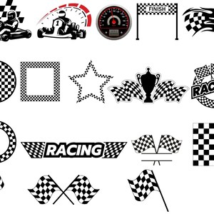 May include: A collection of black and white chequered racing themed clip art images.  The images include a chequered flag, a chequered star, a chequered circle, a chequered square, a chequered frame, a chequered trophy, a chequered speedometer, a chequered race car, a chequered finish line, a chequered racing logo, and a chequered background.