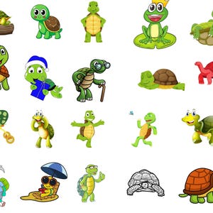 May include: A collection of cartoon turtles in various poses and styles. Some turtles are wearing accessories like hats and glasses, while others are riding bicycles or holding gifts. The turtles have green bodies and brown or red shells.