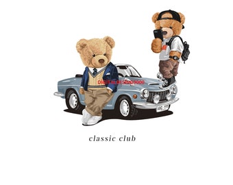 May include: Two teddy bears, one wearing a blue blazer and khaki pants, the other wearing a white shirt and a black cap, standing next to a blue vintage car with the license plate "ABC-111". The text "classic club" is below the car.