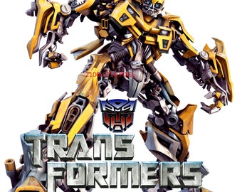 May include: A yellow and black robot, Bumblebee, from the Transformers movie franchise, stands in a fighting pose with the words "Transformers" in large, metallic letters below him.