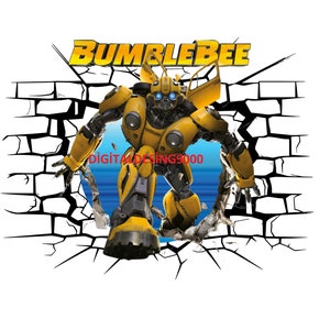 May include: A yellow and black robot, Bumblebee, breaks through a brick wall. The robot is from the Transformers movie franchise. The text "BUMBLEBEE" is above the robot.