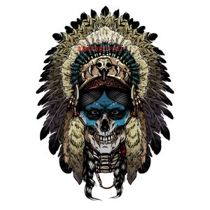 May include: A skull wearing a traditional Native American headdress with feathers and beads. The skull is painted blue and white, with a fierce expression.