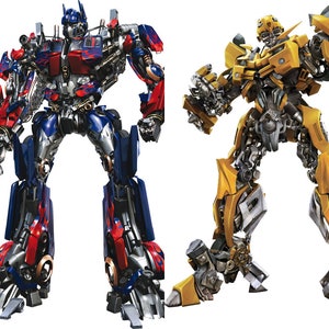 May include: Two large, detailed robot figures. The robot on the left is blue and red with a large gun. The robot on the right is yellow and has a more humanoid shape.