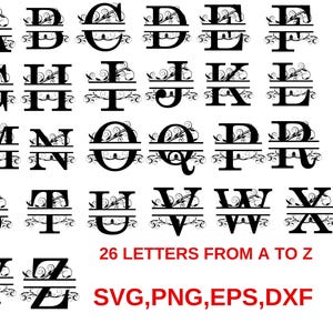 May include: Black monogram letters A through Z, each split horizontally with decorative flourishes. The text "26 LETTERS FROM A TO Z" and file type options "SVG, PNG, EPS, DXF" are displayed in red.