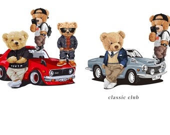 May include: Four teddy bears wearing different outfits and sunglasses are standing next to two vintage cars. The cars are red and blue. The text "classic club" is written below the cars.
