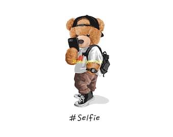 Teddybär png, Teddybär Selfie, Teddybär mit Tasche, digitaler Download, Farbdruck, Farb-T-Shirt Druck, Teddybär mit Hut, Spielzeug,