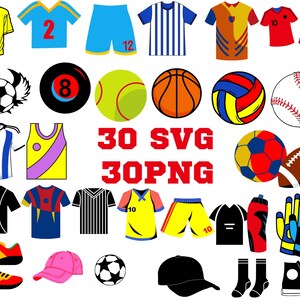 May include: A set of 30 SVG and PNG digital files featuring sports-themed designs. The designs include various sports equipment, jerseys, and accessories in a variety of colors, including red, blue, yellow, green, black, and white.