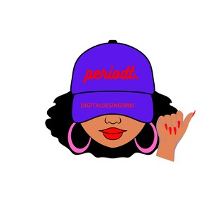 May include: A woman with curly black hair is wearing a purple baseball cap with the word "periodt" in red letters. She is also wearing large pink hoop earrings and has red lipstick on. Her right hand is raised with red nail polish.