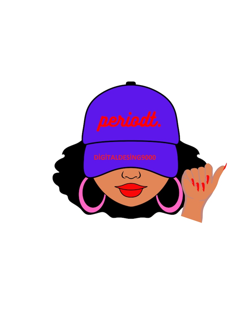 May include: A woman with curly black hair is wearing a purple baseball cap with the word "periodt" in red letters. She is also wearing large pink hoop earrings and has red lipstick on. Her right hand is raised with red nail polish.