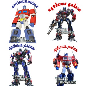 Puede incluir: Cuatro imágenes diferentes de Optimus Prime, un robot rojo y azul de la franquicia Transformers. Cada imagen presenta el texto "Optimus Prime" y "Transformers" en diferentes fuentes y colores.