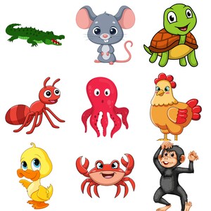 May include: A collection of nine cartoon animals, including a crocodile, mouse, turtle, ant, octopus, chicken, duck, crab, and monkey. The animals are all brightly colored and have friendly expressions.