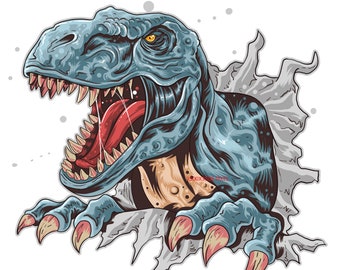 May include: A blue and gray dinosaur with sharp teeth and claws bursts through a ripped piece of paper. The dinosaur's tongue is sticking out and its eyes are wide open.
