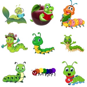 毛虫バンドル 9 png ファイル、かわいい毛虫、赤いリンゴ、ギターを弾く毛虫、帽子をかぶった元気な緑の毛虫、クールな毛虫、本