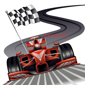 May include: A red racing car with a chequered flag in the background. The car is on a grey track with white lines. The car is moving forward and the chequered flag is waving in the wind.