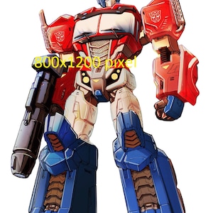 May include: A red and blue robot with a large gun in its left hand. The robot has a large head with a blue helmet and a red chest plate. The robot is standing on a white background.