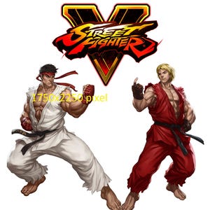May include: Two characters from the Street Fighter video game series, Ryu and Ken, are shown in fighting stances. The Street Fighter V logo is in the background.