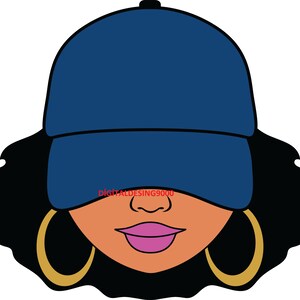 May include: A cartoon illustration of a person with dark curly hair wearing a blue baseball cap and large gold hoop earrings. The person's face is visible, with brown skin, a pink mouth, and brown eyes.