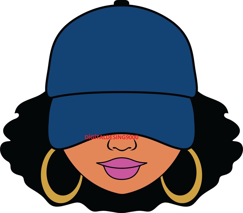 May include: A cartoon illustration of a person with dark curly hair wearing a blue baseball cap and large gold hoop earrings. The person's face is visible, with brown skin, a pink mouth, and brown eyes.