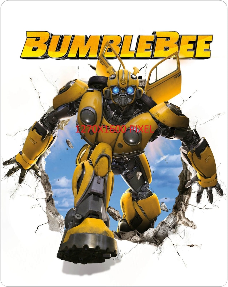 Op de afbeelding: Een gele en zwarte robot, Bumblebee, uit de Transformers-filmfranchise, breekt door een gebarsten muur. De robot staat in een looppose met zijn armen uitgestrekt. De filmtitel "BUMBLEBEE" staat in gele letters bovenaan de afbeelding.