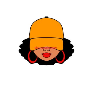 May include: A digital illustration of a woman with curly black hair wearing a yellow baseball cap and large red hoop earrings.