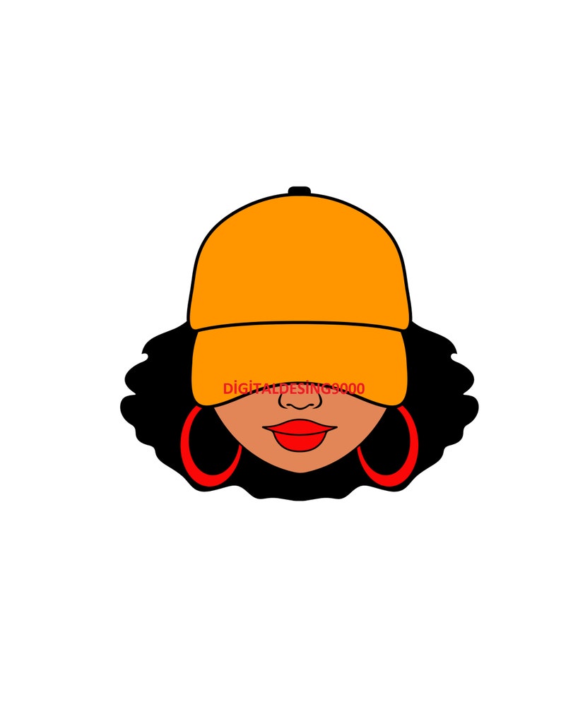May include: A digital illustration of a woman with curly black hair wearing a yellow baseball cap and large red hoop earrings.