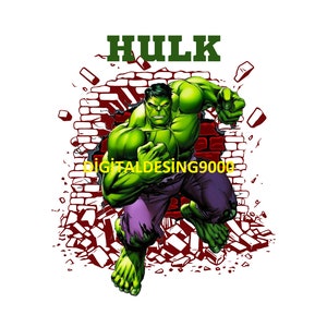 Könnte beinhalten: Grüne Hulk-Figur, die eine rote Backsteinmauer durchbricht. Der Text "HULK" befindet sich über der Mauer. Der Text "DIGITALDESING9000" befindet sich unter der Mauer.