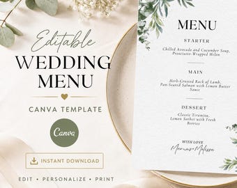 Editable Greenery Wedding Menu Template Printable Eucalyptus Wedding Menu Card Canva Botanical Reception Dinner Menu Instant Download