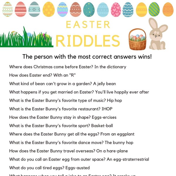 Easter riddle game for kids printable party game easter bunny riddle digital download spring quiz egg basket