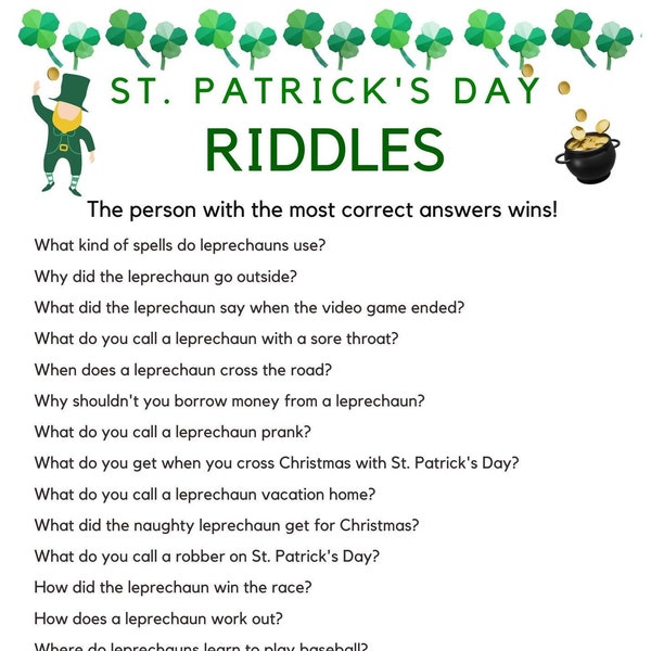 St patrick's day riddle game for kids printable party game leprechaun riddle digital download irish quiz
