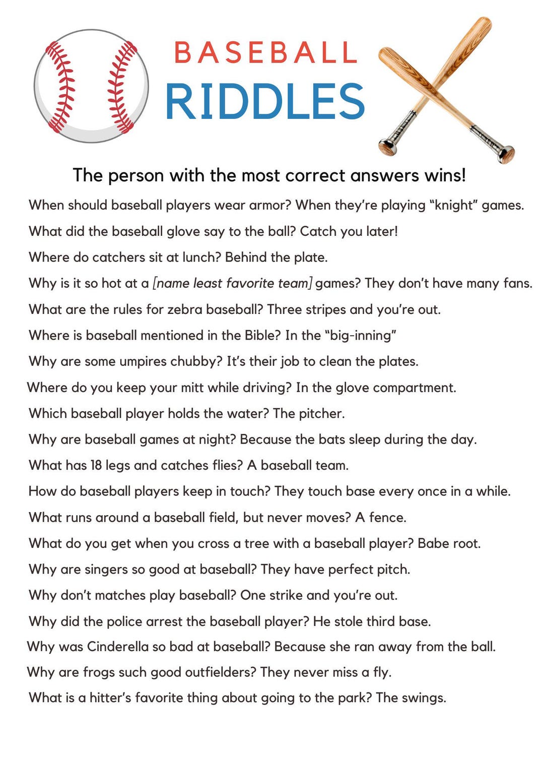 Baseball Riddle Game for Kids, Printable Sports Quiz (digital Download ...