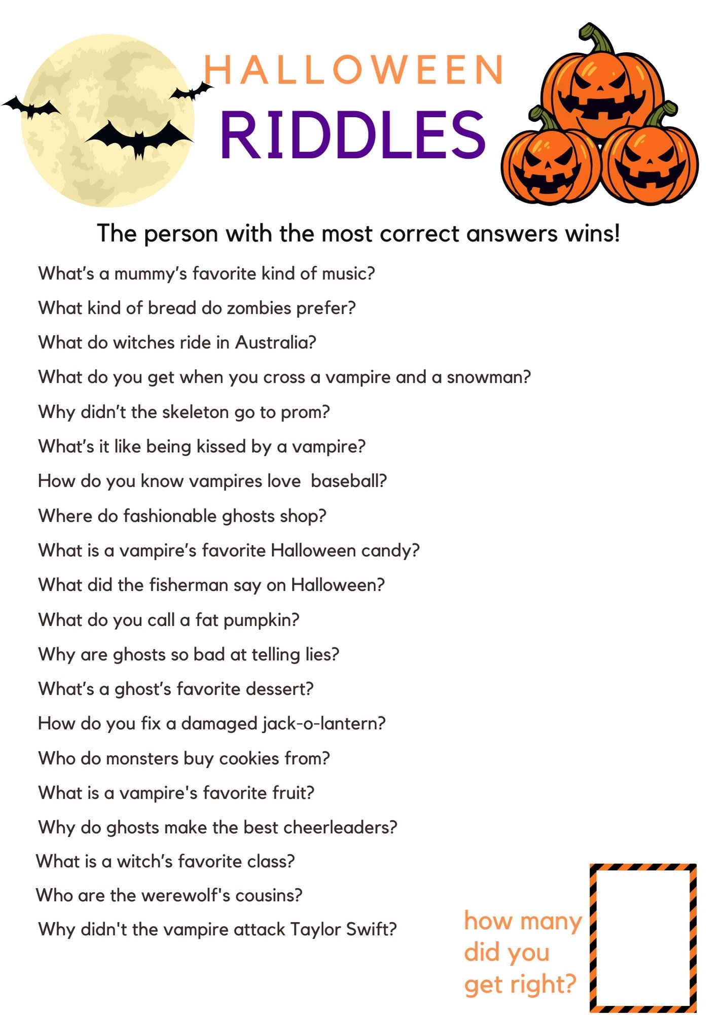 Halloween Game for Kids Printable Party Game Riddle Digital Download 