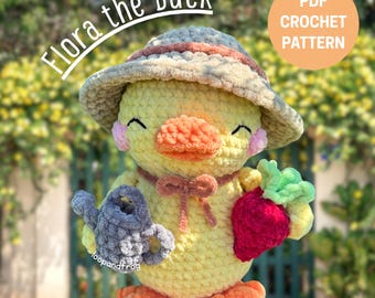 Flora the Duck Crochet Pattern PDF: Gardening Amigurumi with Hat and Watering Can