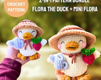 2-in-1 Flora the Duck PDF Crochet Pattern Bundle: Gardening Bird Amigurumi with Regular and Mini