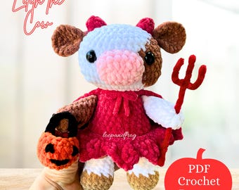 Lilith the Cow PDF Crochet Pattern: Trick-or-Treating Cow Amigurumi with Devil Halloween Costume and Candy