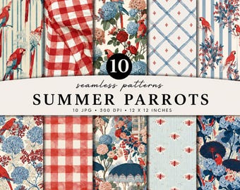 Summer Parrots Seamless Pattern Bundle, Tropical Bird Digital Paper, Red Parrot Pattern, Coastal Summer Print, Fabric Design