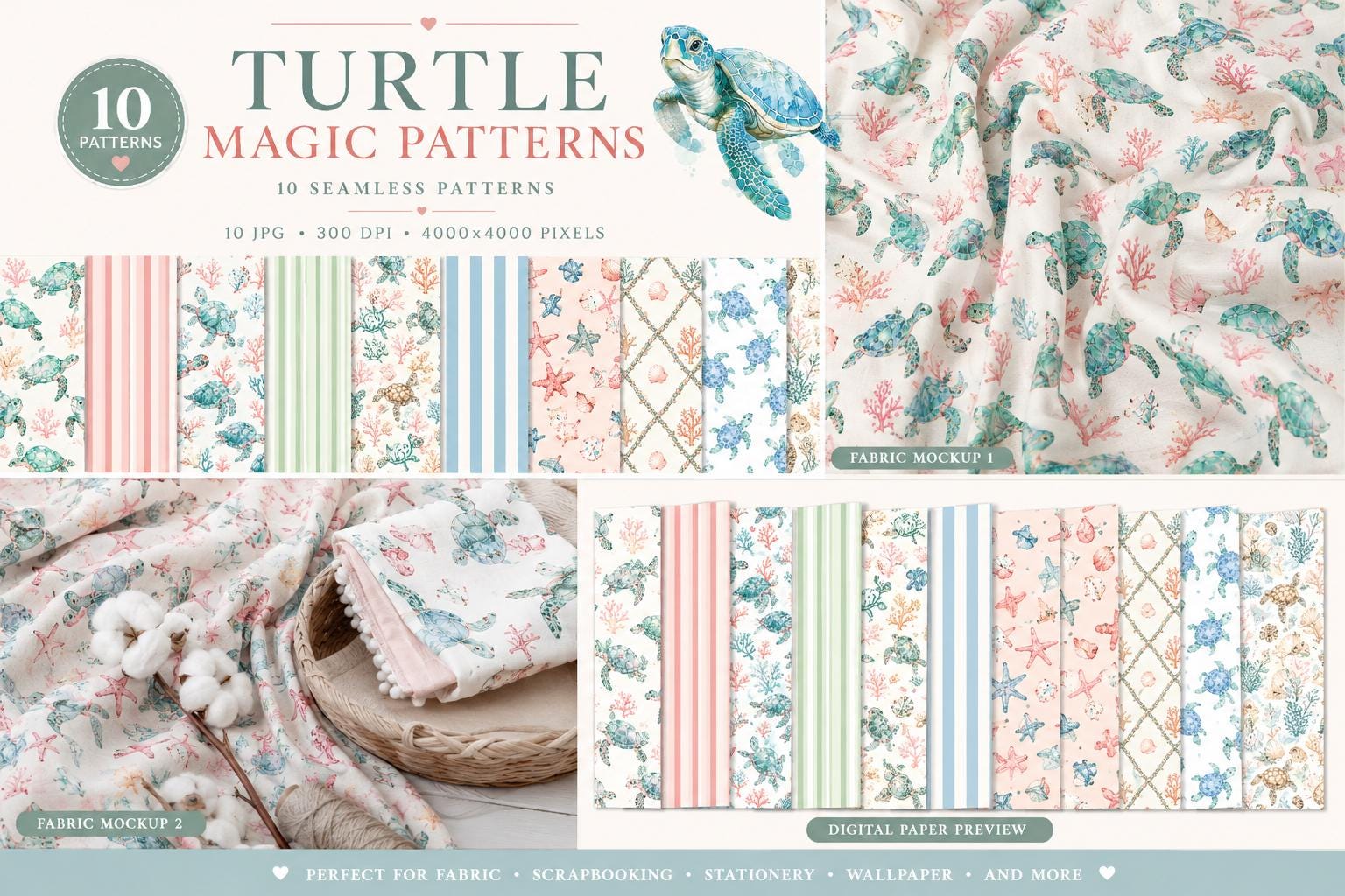 Pastel Turtle Seamless Pattern Bundle, Watercolor Ocean Digital Paper ...
