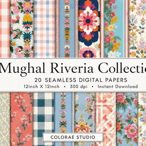 Może przedstawiać: Kolekcja 20 bezszwowych papierów cyfrowych o nazwie Mughal Riveria Collection, zawierająca wzory kwiatowe, kratkę gingham i geometryczne motywy w różnych kolorach. Tekst głosi Mughal Riveria Collection, 20 SEAMLESS DIGITAL PAPERS, 12inch X 12inch, 300 dpi, Instant Download oraz COLORAE STUDIO.