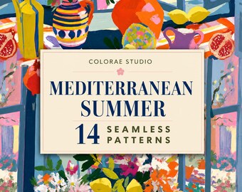 Mediterranean Garden Seamless Pattern Bundle, Matisse Inspired Digital Paper, Colorful Floral Pattern,Italian Summer Print, 14 Digital Paper