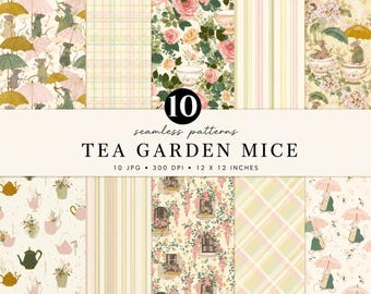 Tea Party Mouse Seamless Pattern Bundle | Cottagecore Digital Paper | Mouse Tea Cup Pattern | Vintage Floral Scrapbook Paper |