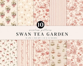 Swan Tea Garden Seamless Pattern  | Coquette Digital Paper |Vintage Swan Toile Pattern |Tea Party Scrapbook Paper | Romantic Cottagecore