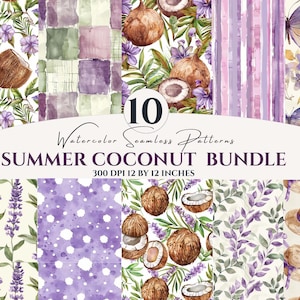 May include: A collection of ten watercolor seamless patterns with a summer theme. The patterns feature coconuts, lavender, butterflies, and other floral elements in shades of purple, green, and brown. The text reads "Summer Coconut Bundle". Each pattern is 12 by 12 inches.