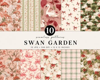 Swan Garden Seamless Pattern Bundle | Cottagecore Digital Paper | Vintage Swan Floral Pattern | Romantic Botanical Scrapbook Paper Pack