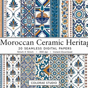 May include: A collection of 20 seamless digital papers titled Moroccan Ceramic Heritage, 12inch x 12inch, 300 dpi. The patterns feature blue, white, and orange geometric, floral, and tile-inspired motifs arranged in a grid format by Colorae Studio.