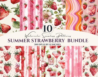 Strawberry  Seamless Pattern Bundle, Digital Paper, Summmer Spring Fruits  bundle , Textile Fabric Prints, Scrapbook, Commercial Use, Pink